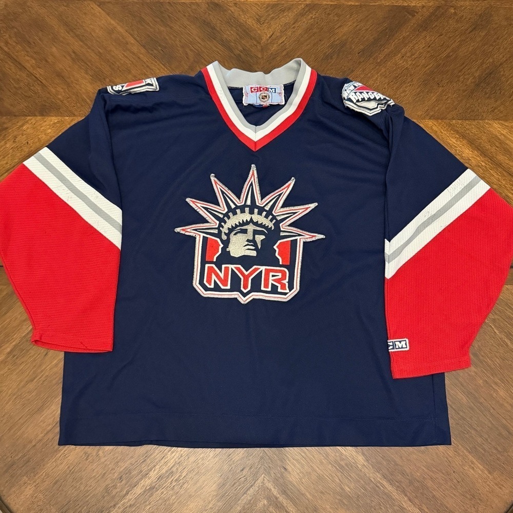 Vintage CCM New‎ York Rangers Lady Liberty NHL Jersey Mens XXL Navy Blue Red